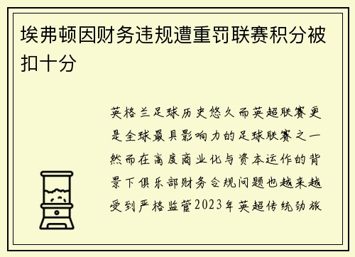 埃弗顿因财务违规遭重罚联赛积分被扣十分